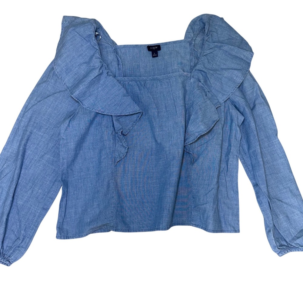 J‎ crew chambray square neck ruffle cotton top long sleeve lightweight large